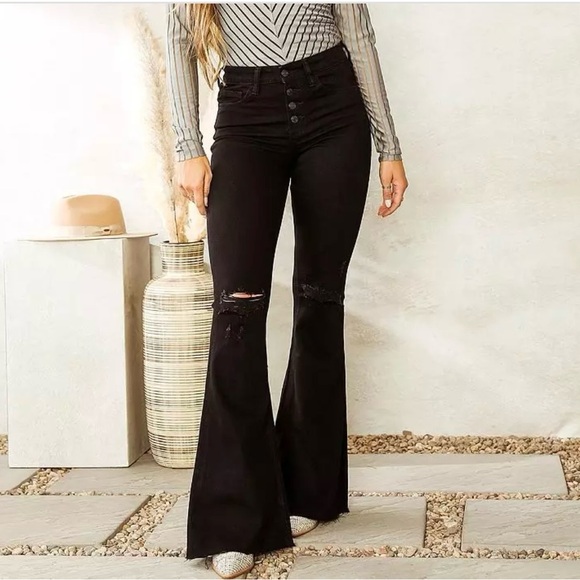 VERVET BY FLYING MONKEY Denim - Vervet High Rise Flare Stretch Button Fly Distressed Jean in Black, Sz 29